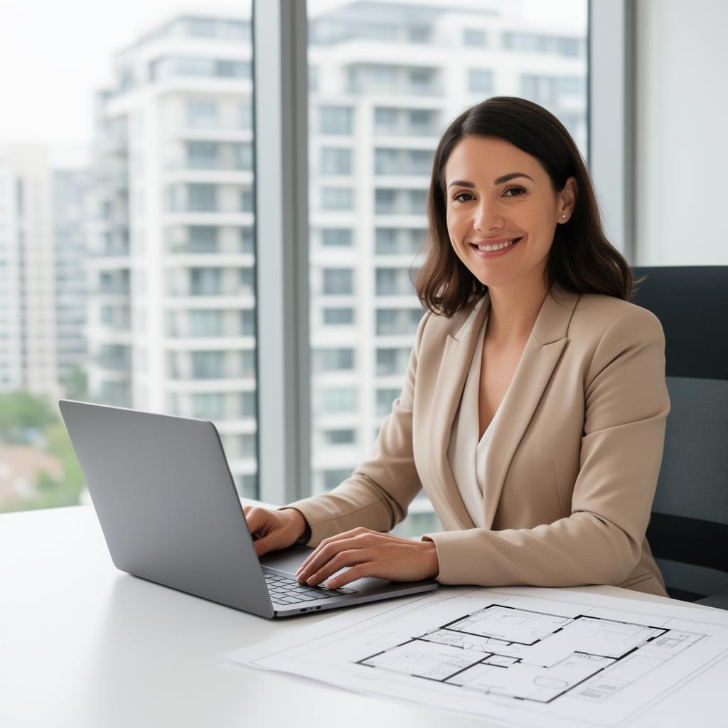 Gestionnaire de syndic souriante travaillant avec Next Call AI, agent vocal IA pour syndics de copropriété